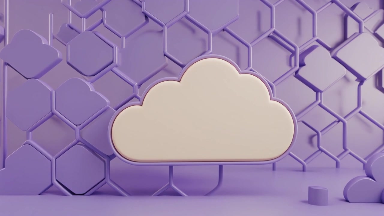 3D Cloud Icon Floating in Abstract Purple Hexagonal Environment