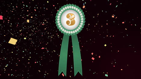 animation of medal with gold number three and green ribbon and confetti floating on black background