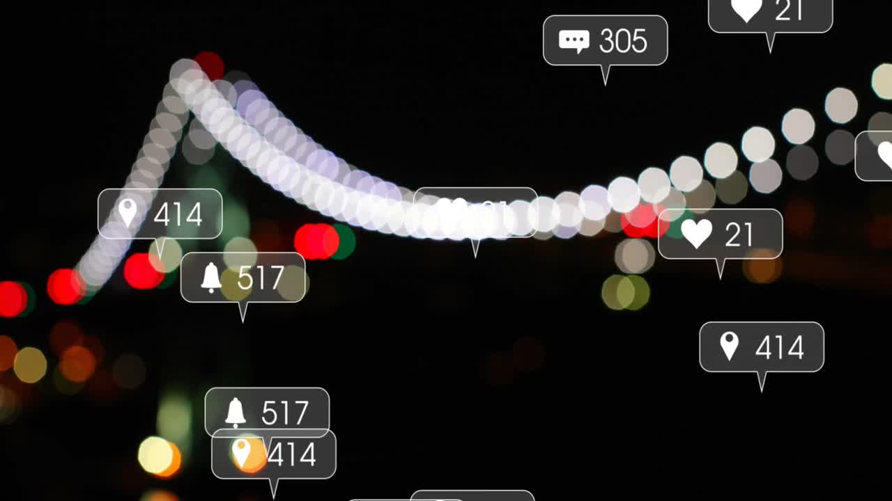 도시 풍경 위의 미디어 아이콘의 애니메이션