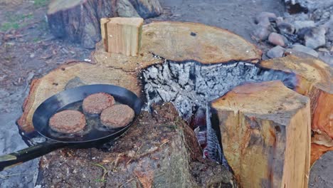 burgers being cooked on a provisional wooden stove from cut tree trunks