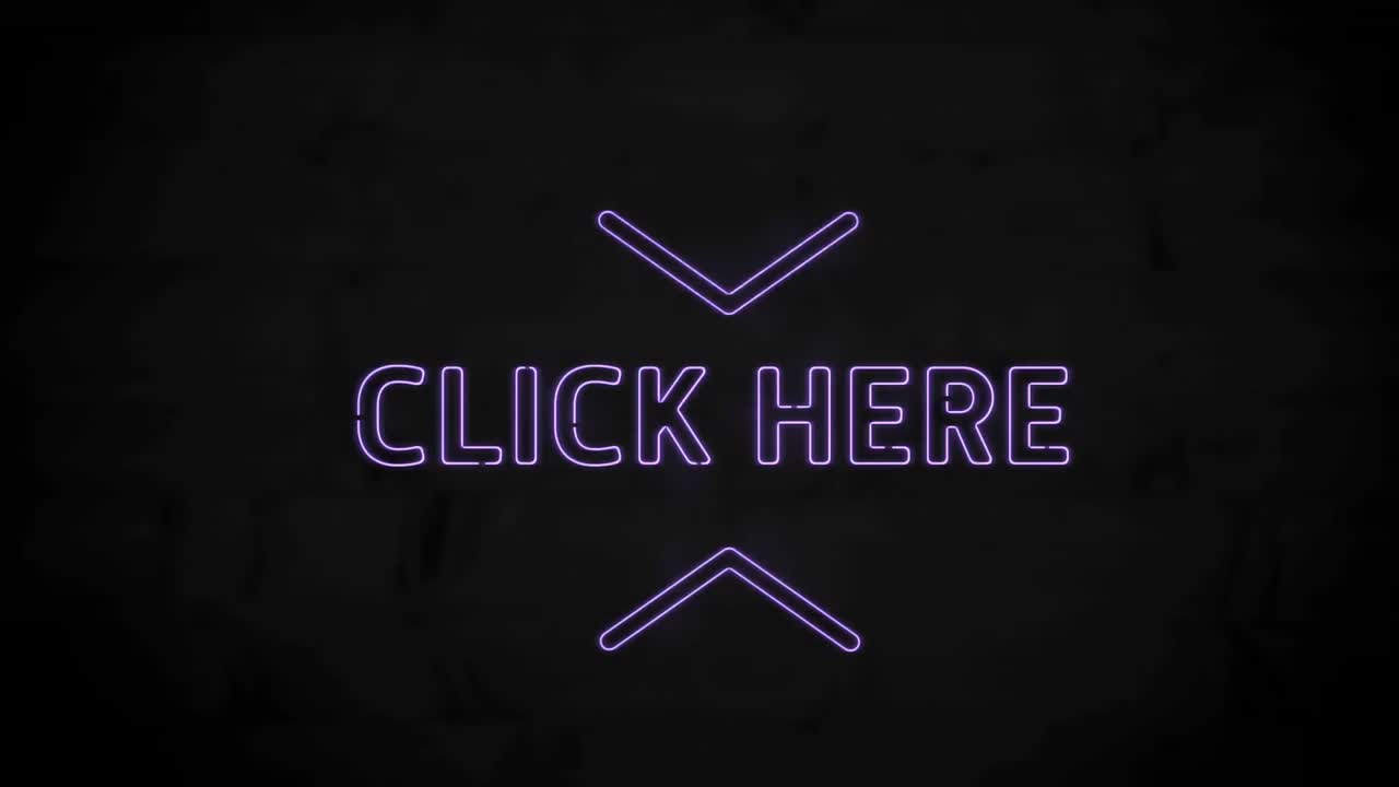 animación de neón púrpura haga clic aquí banner de texto contra fondo negro.
