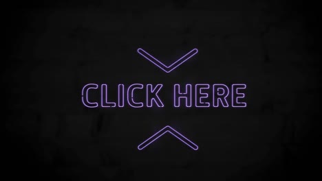 animation of neon purple click here text banner against black background