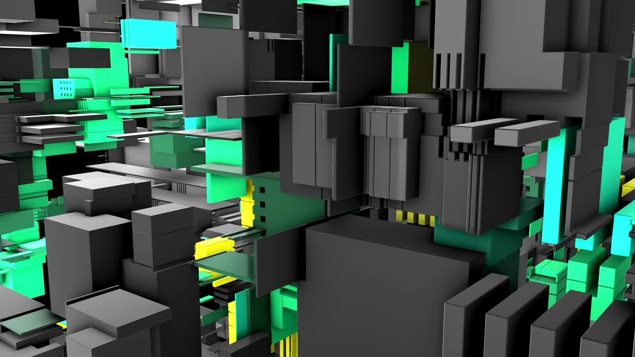 Abstract 3D rendering of surface with random cubes and electronic shapes.