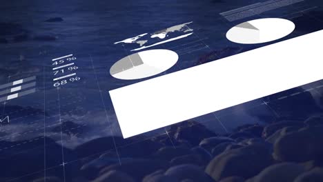 animation of statistical data processing against sea waves hitting the rocks