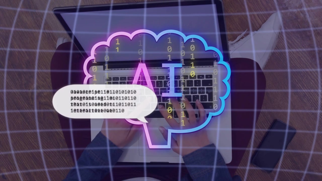 Adult woman typing at laptop, activating neon AI brain, sending binary chat for assistance
