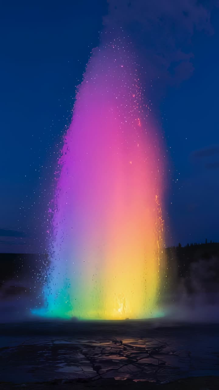 Vertical video: Program starting, lit fountain rising, peaking at dusk in park with LEDs and mist