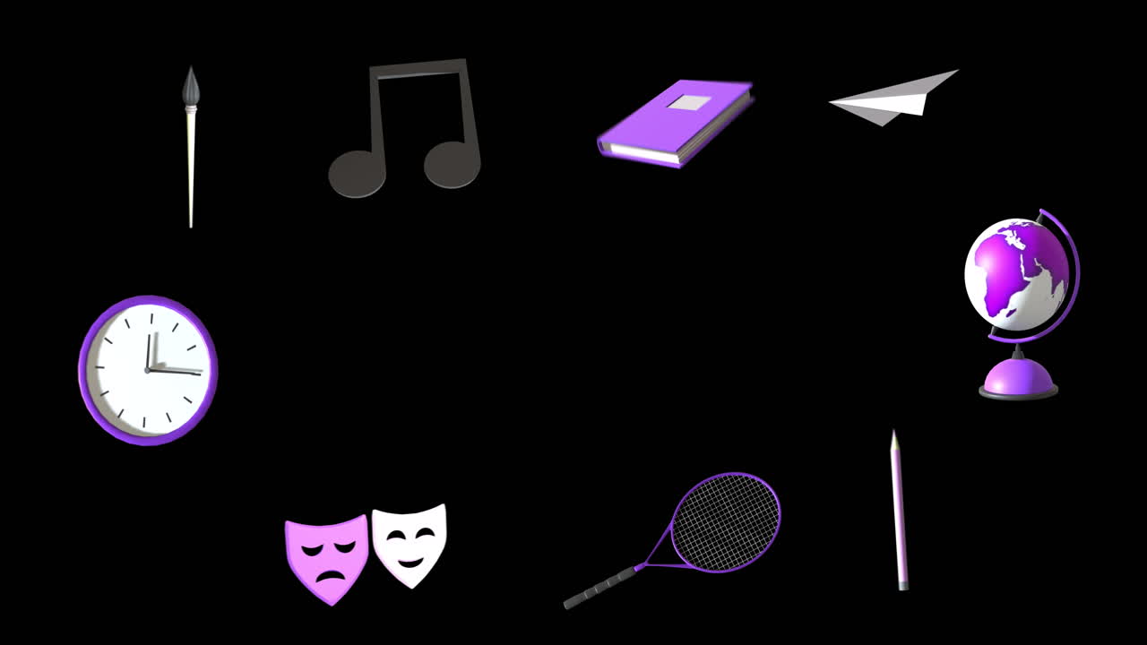 Animation of education icons with copy space over black background