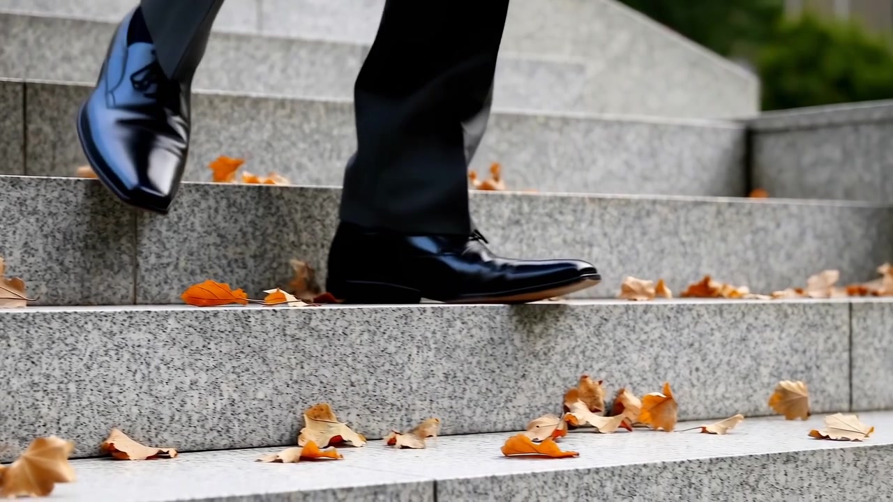 Close view follows polished black shoes stepping downward across stone stairs as fallen orange and brown leaves line the edges, with soft greenery and architecture blurred behind.