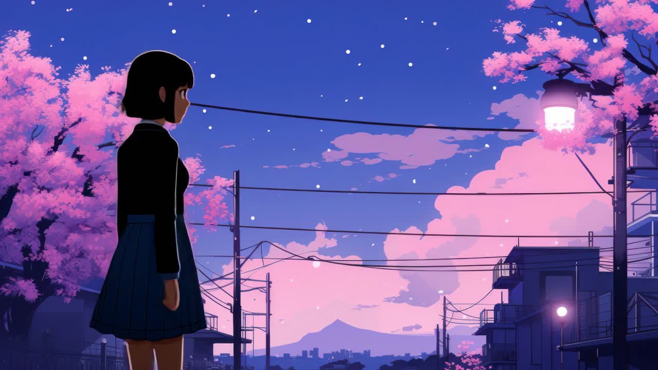 Anime-tyylinen videokohtaus, jossa matalasta kuvakulmasta näkyy kirsikankukkia ja katuvaloja tähtitaivaan alla