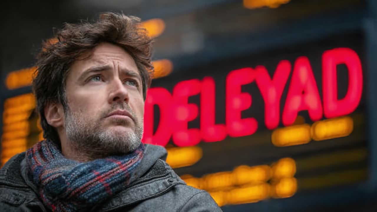 A contemplative moment captured in a busy transit environment, showcasing a man reflecting as a digital sign displays a 'DELAYED' message in vibrant red, evoking anticipation and impatience