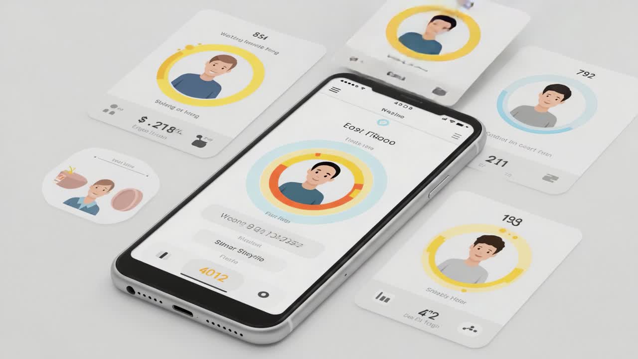 Interactive Mobile Interface Showcasing User Progress and Stats with Engaging Graphics and Friendly Avatars on Cards for an Enhanced Experience