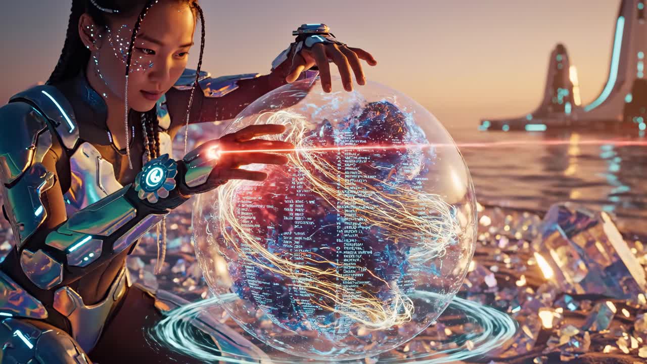 Futuristic Woman Manipulating Digital World Hologram