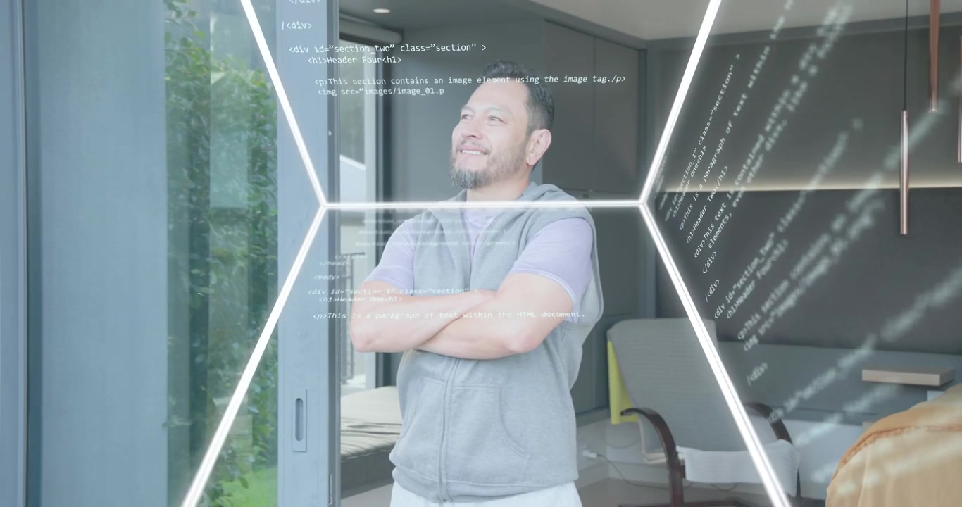 man walking across bedroom starting smart wireframe overlay stopping at glass door surveying garden