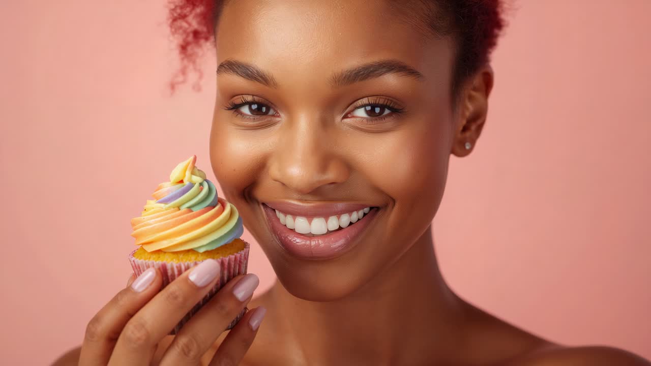 Holding cupcake by face strapless model smiling moving cupcake closer on pink backdrop nails posing