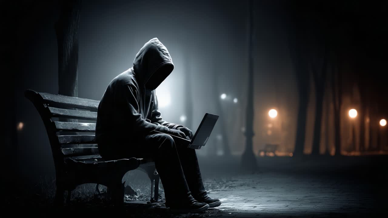 A lone figure in a hooded sweatshirt sits quietly on a park bench at night, illuminated by faint streetlights while engaged with a laptop, embodying solitude and mystery