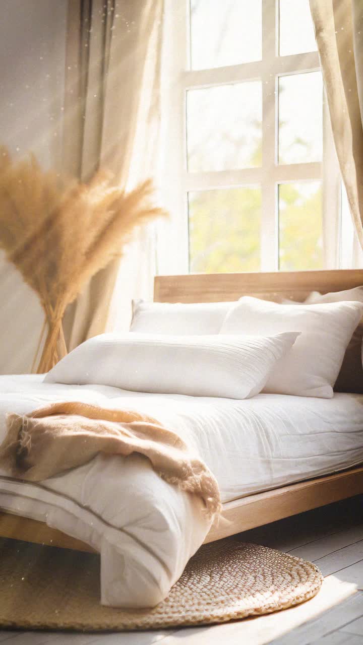 Interno luminoso di camera da letto con luce solare naturale e letto bianco