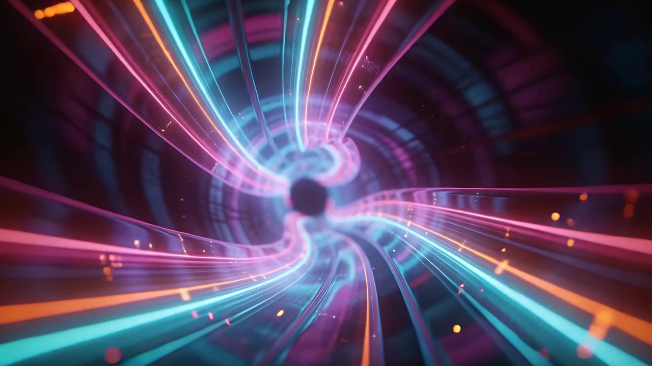 Telecamera che avanza creando un tunnel di nastri al neon attorno a un vuoto oscuro, generando un senso di movimento.