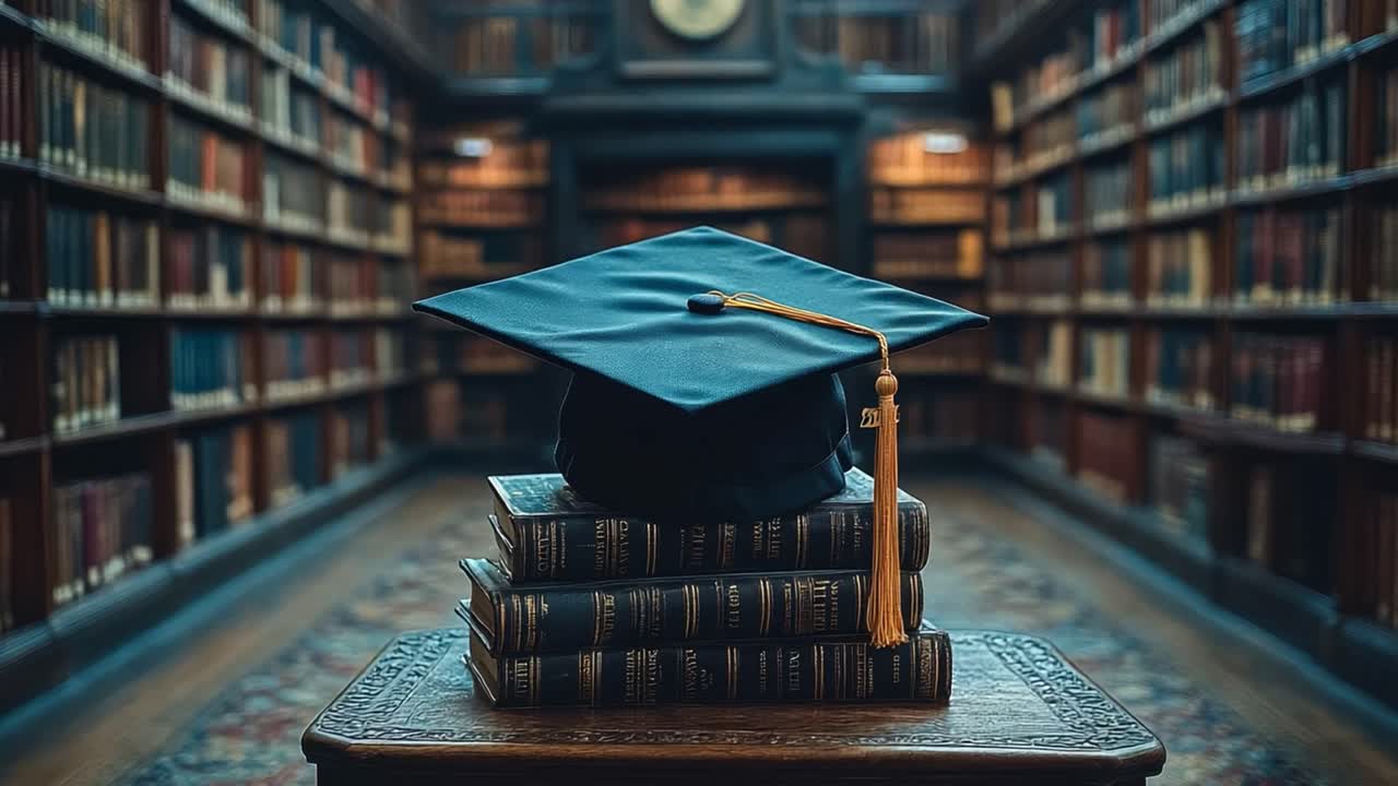 Graduation Cap on Books in a Library