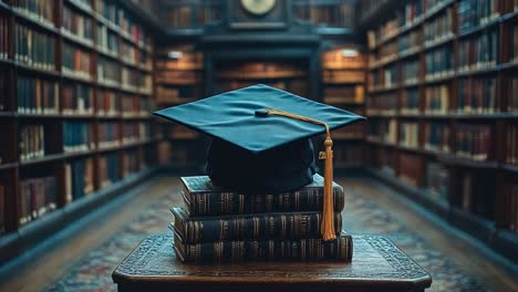 graduation cap on books in a library