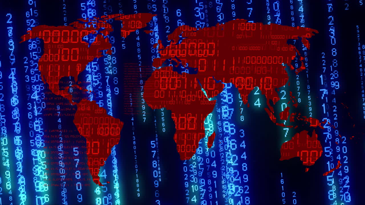 Animation of world map, binary coding and data processing over computer servers