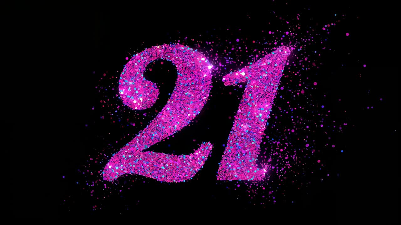 Appearing magenta 21 zooming on black backdrop, shedding glitter particles to reveal texture