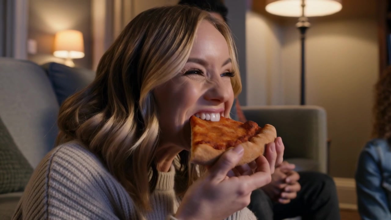 Hearing offscreen comment, woman in ribbed top holding, biting pizza slice at home, open pizza box