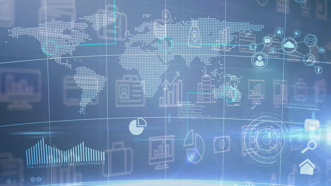 Animation of world map with data analytics icons and graphs in digital interface