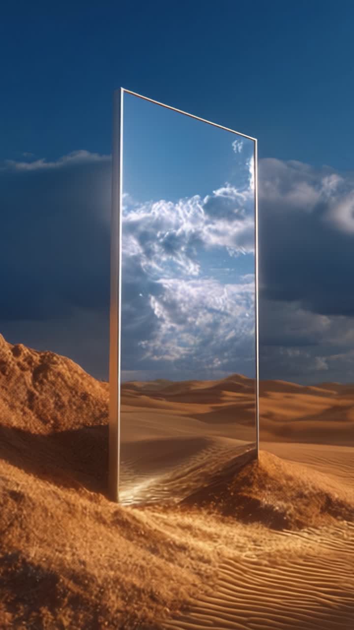 Uno specchio riflettente in piedi da solo in un vasto paesaggio desertico, che cattura il cielo e le nuvole sopra, circondato da infinite dune di sabbia dorata sotto un cielo blu.