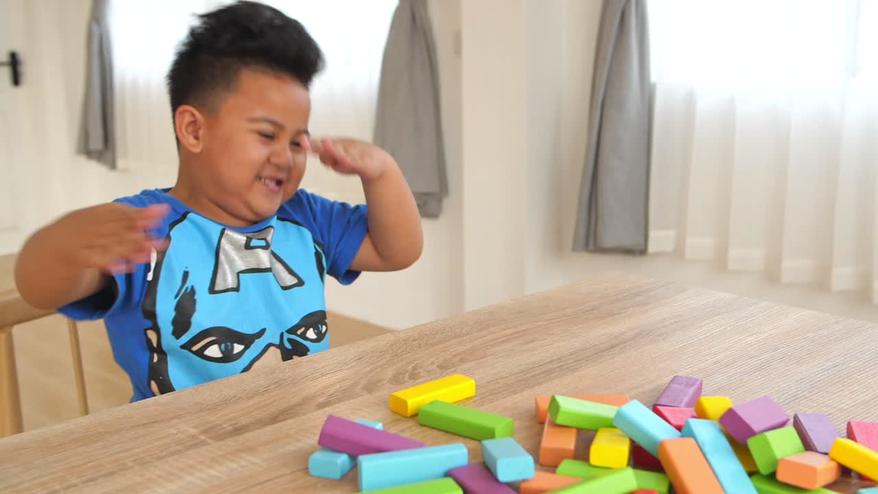 Happy Cute Boy With Color Wood Block Tower Game, Slow Motion