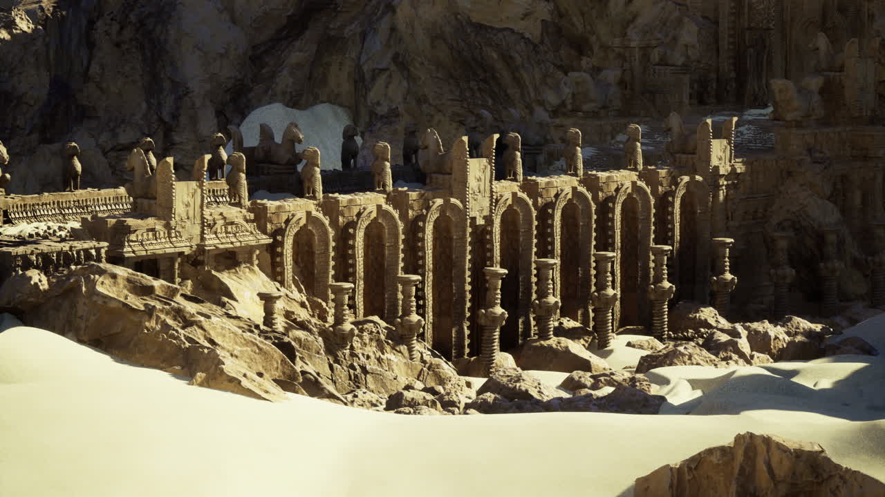 Desert ruins rise from the sand under bright sunlight