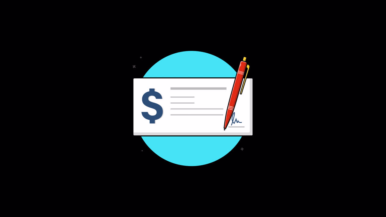 Illustrazione animata di un assegno finanziario con penna e firma
