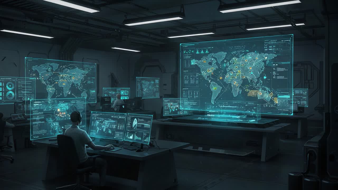 Analyzing Global Data: A Futuristic Control Room Showcasing Advanced Technology and Interactive Displays for Monitoring Worldwide Information