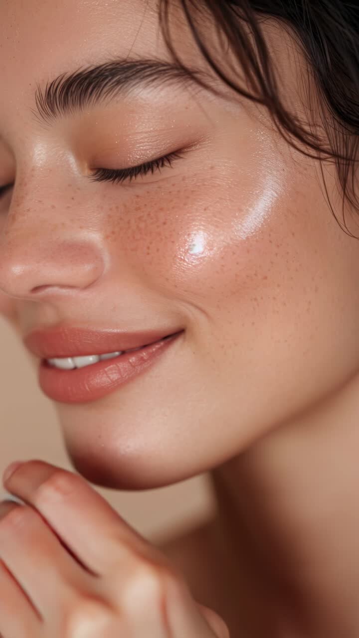 Close-up video shot of a woman's serene face with glowing skin and freckles, capturing a natural