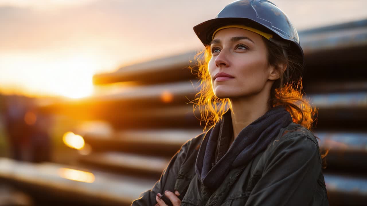 A determined woman in a safety helmet gazes into the horizon at sunset, embodying strength and confidence amidst steel pipes, reflecting hard work and resilience in an industrial setting