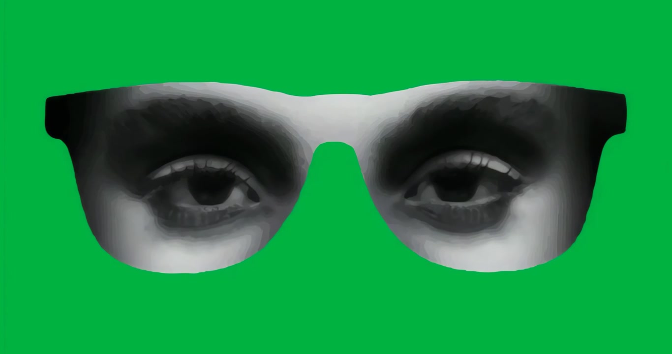 Beginning with floating blue outline glasses, eyes blinking in rhythm on transparent backdrop