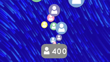 animation of social media people icons and numbers over blue light trails