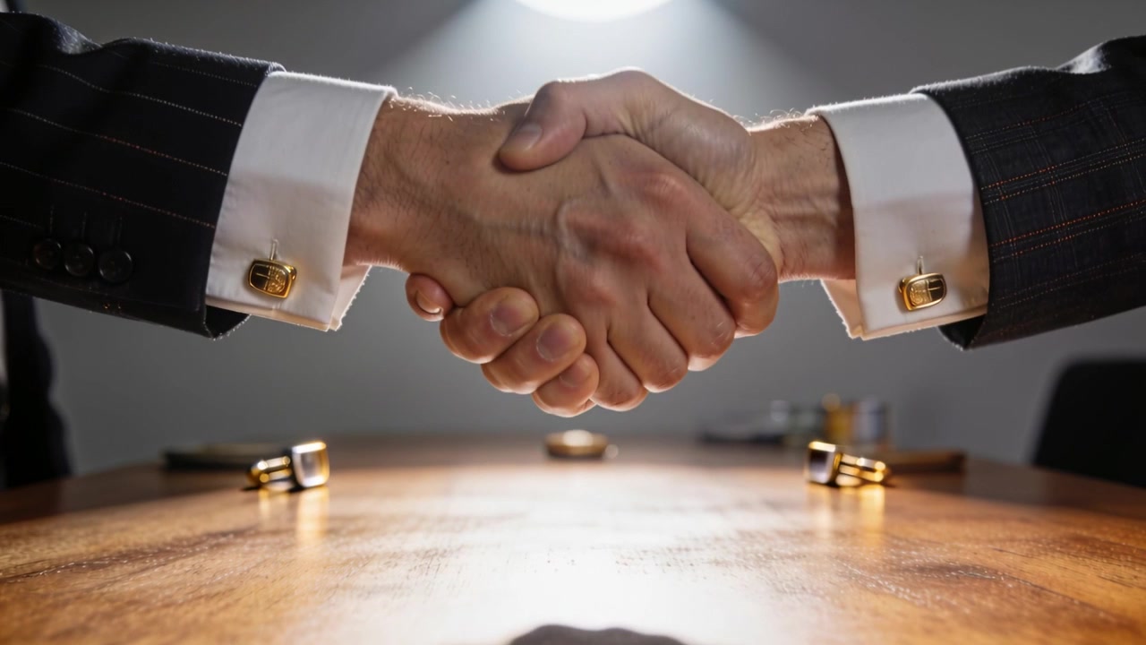 Shaking two partners in suits after agreement, clasping hands at meeting table with gold cufflinks
