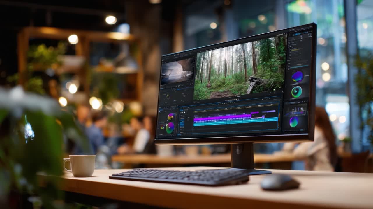 Un'area di lavoro moderna con un elegante monitor che mostra un software di editor di video con una vivace scena di una foresta, ideale per progetti creativi e flussi di lavoro professionali.