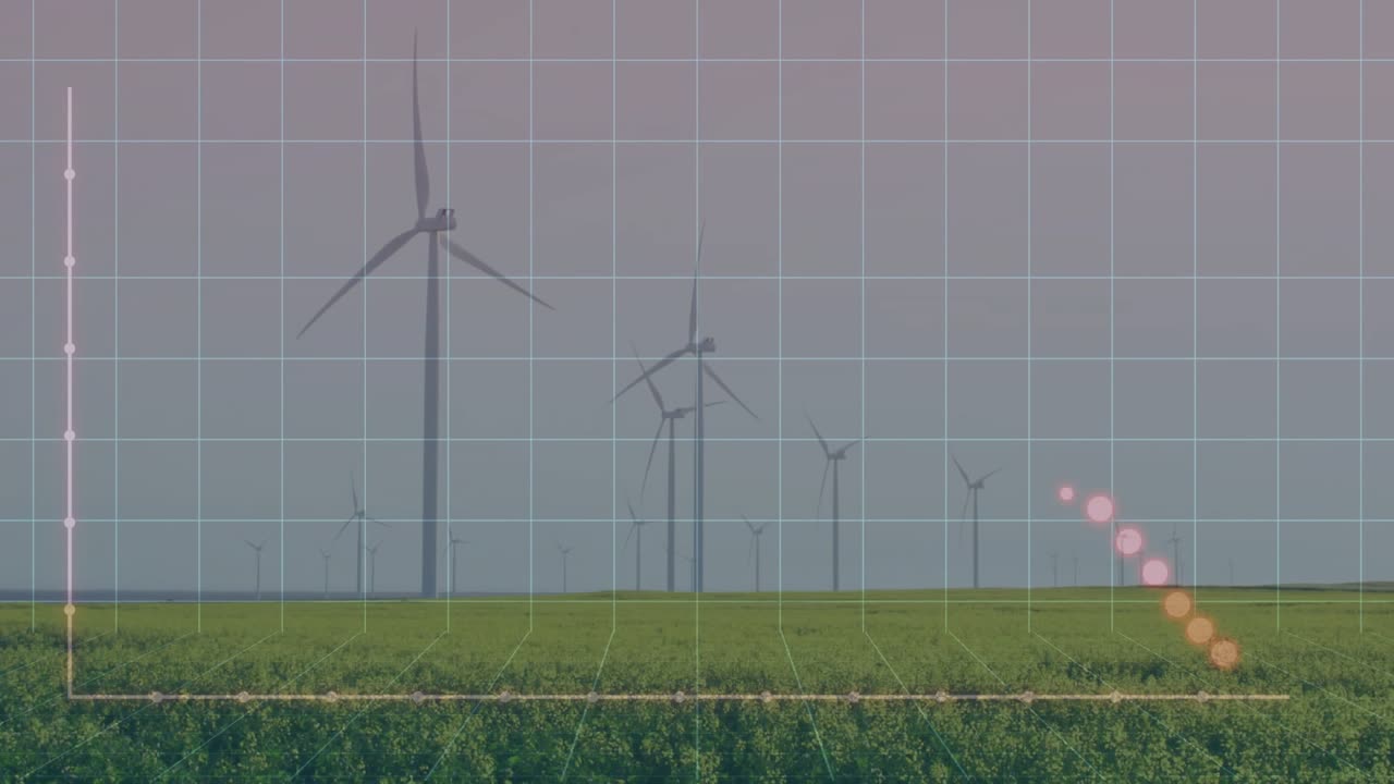 Grid on, pink dots moving down, pausing orange, bouncing, fading, showing crop drop near turbines