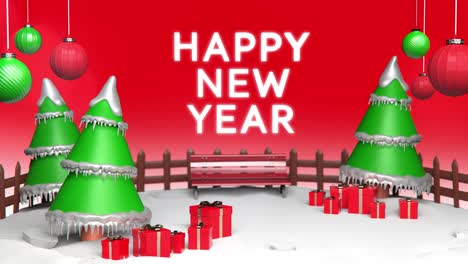 Happy-New-Year-Scene-With-Xmas,Noel-Tree-and-Red-Gift-Box-on-Red-Cyc