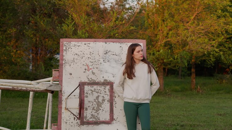 Lady leans on basketball backboard in serene solitude. Dressed in sportswear woman stands on abandoned basketball court surrounded by green grass