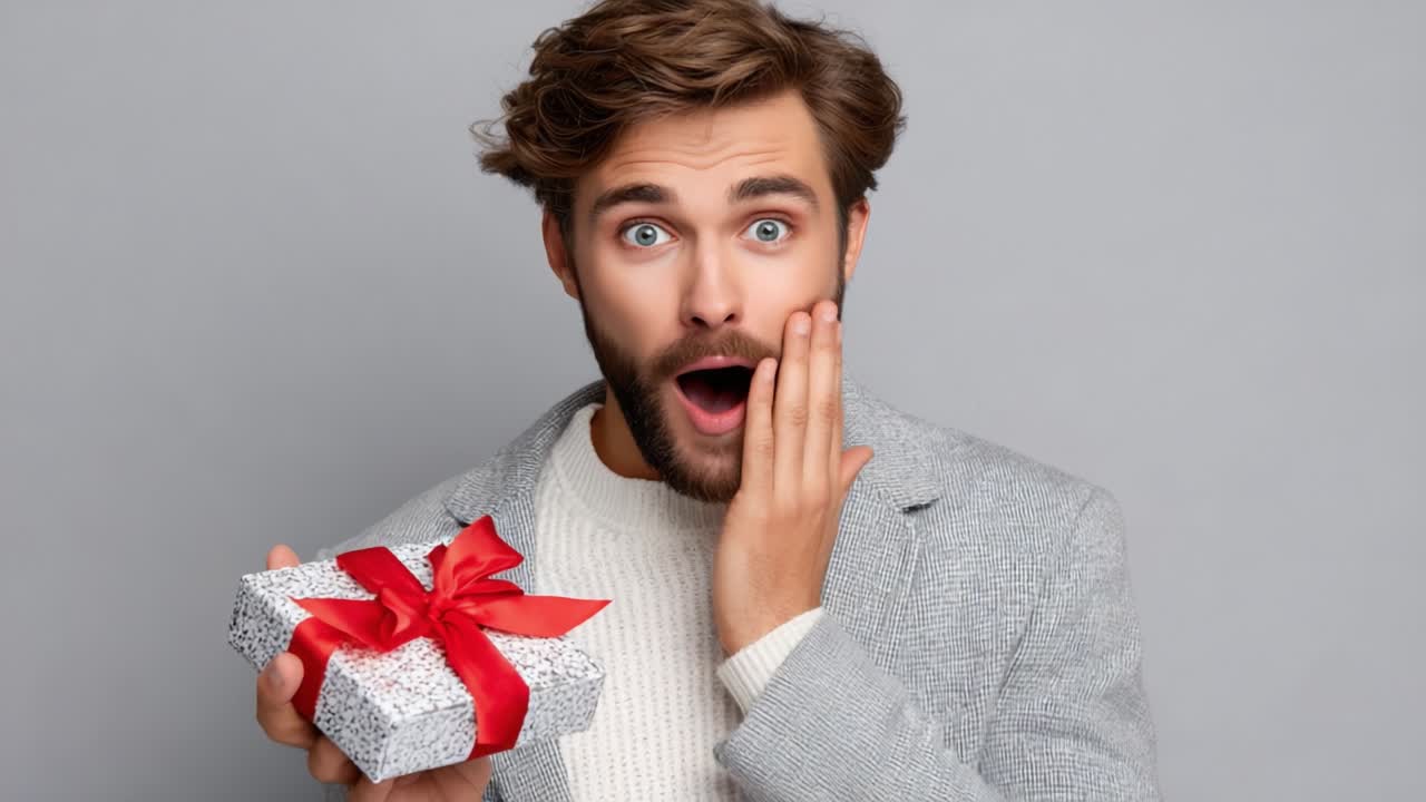 A Surprised Young Man Expresses Excitement While Holding a Wrapped Gift, Then Transitions to a Joyful Smile as He Displays the Festive Present to the Camera