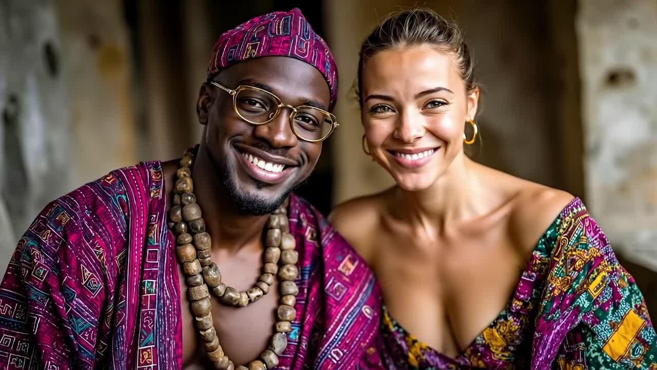 A man and a woman dressed in traditional clothing posing for a picture