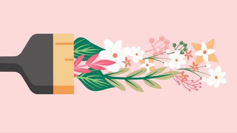 el pincel de primavera pinta flores sobre un fondo rosa. el concepto de la primavera ha llegado.
