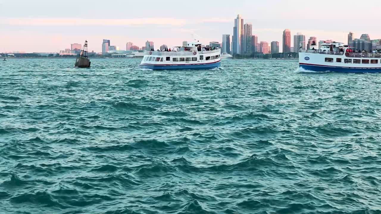 Chicago Cityscape Ferries on Lake Michigan