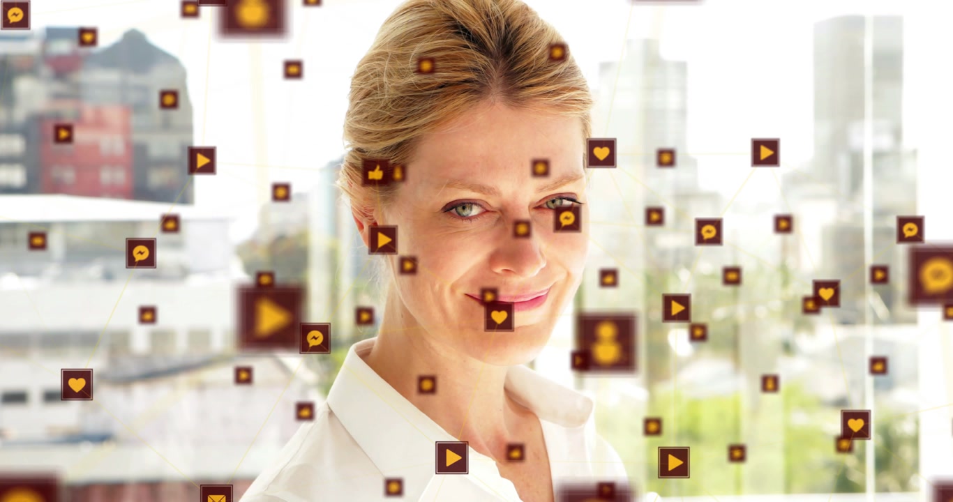 Professional woman at window seeing icons forming and circling face for social media engagement