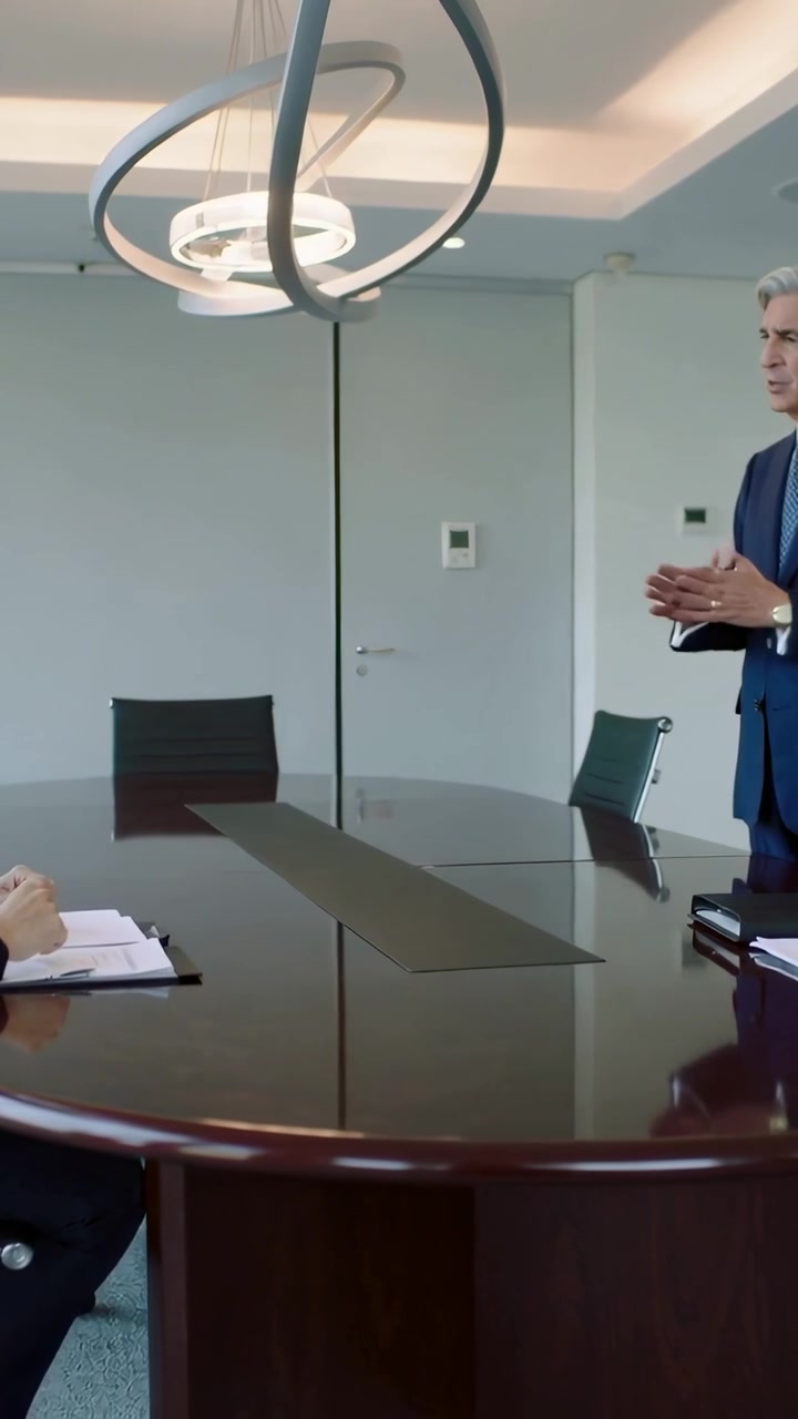 Video verticale: Dirigente in giacca e cravatta che parla e presenta documenti al personale nella sala riunioni, con spazio per il testo.