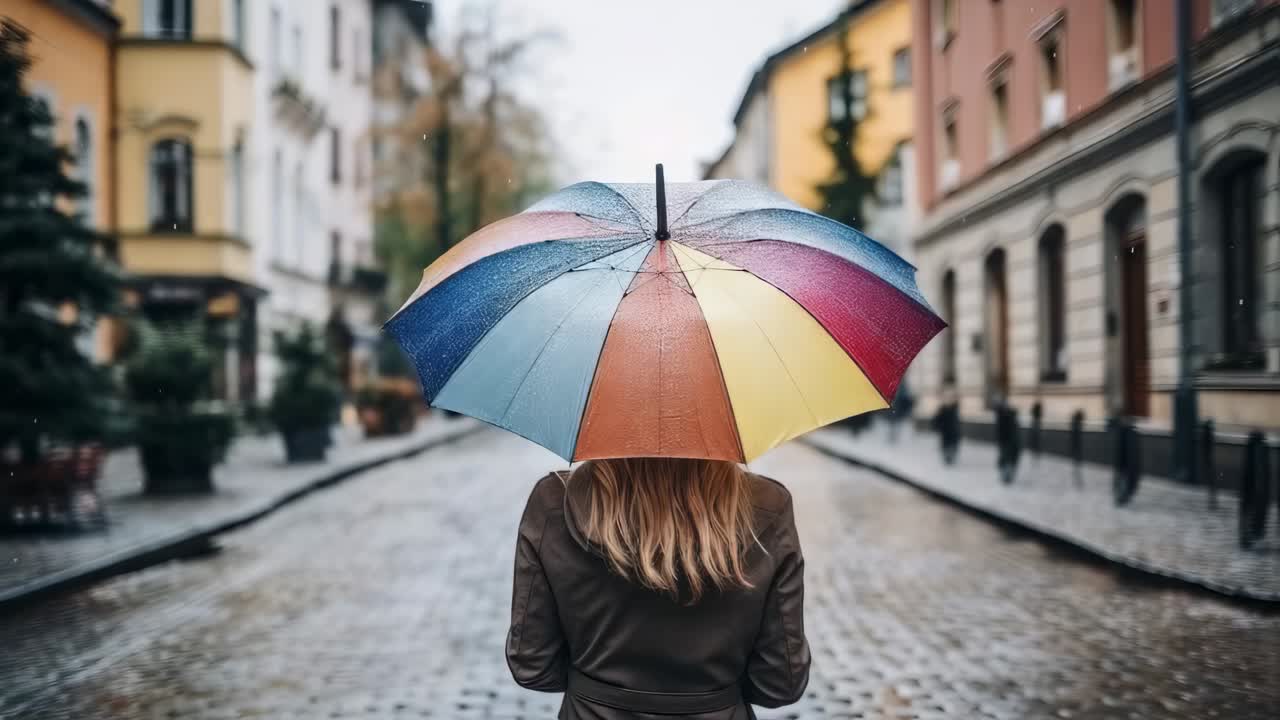 Blonde woman with colorful umbrella walking on rainy day in European city during autumn season, protecting herself from rain, cozy atmosphere