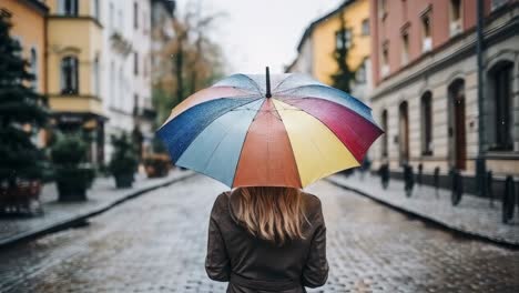 blonde woman with colorful umbrella walking on rainy day in european city during autumn season, protecting herself from rain, cozy atmosphere