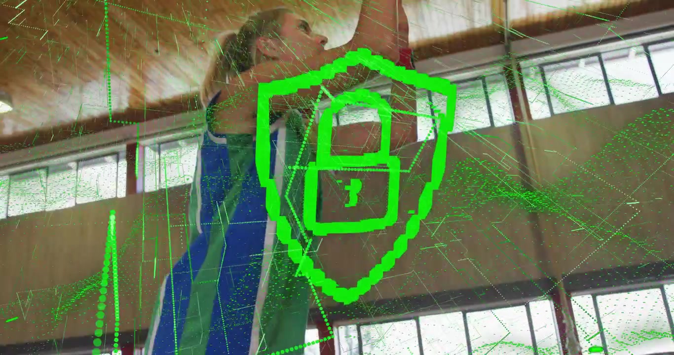Sensor-fed player dribbling ball in gym activating animated sports stats shot trajectory overlay
